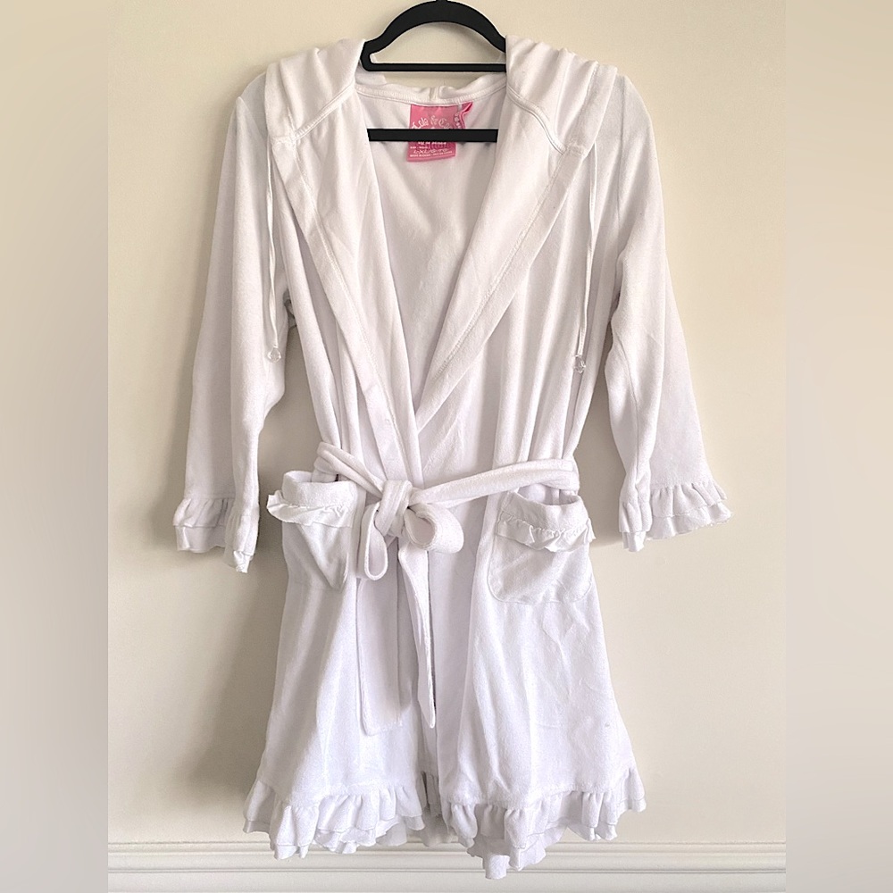 La Senza White Terrycloth Hooded Bath Pool Beach Robe With Graphic Design - Xl